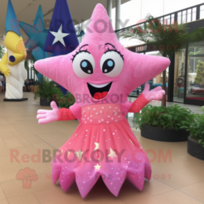 Pink Starfish mascot costume character dressed with a Ball Gown and Brooches