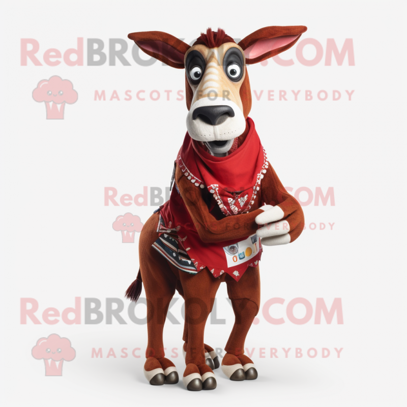 Red Okapi mascot costume character dressed with a Waistcoat and Wraps