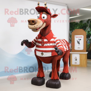 Red Okapi mascot costume character dressed with a Waistcoat and Wraps