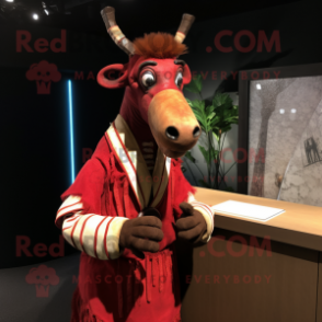 Red Okapi mascot costume character dressed with a Waistcoat and Wraps