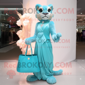 Cyan Mountain Lion mascot costume character dressed with a Evening Gown and Handbags