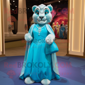 Cyan Mountain Lion mascot costume character dressed with a Evening Gown and Handbags