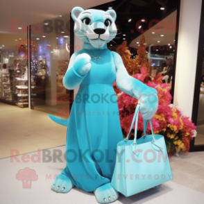 Cyan Mountain Lion mascot costume character dressed with a Evening Gown and Handbags