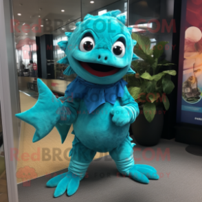 Turquoise Cod mascot costume character dressed with a Romper and Wraps