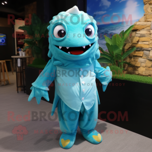 Turquoise Cod mascot costume character dressed with a Romper and Wraps