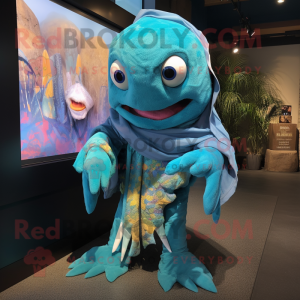 Turquoise Cod mascot costume character dressed with a Romper and Wraps