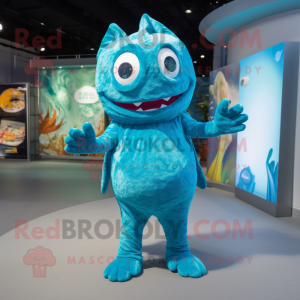 Turquoise Cod mascot costume character dressed with a Romper and Wraps