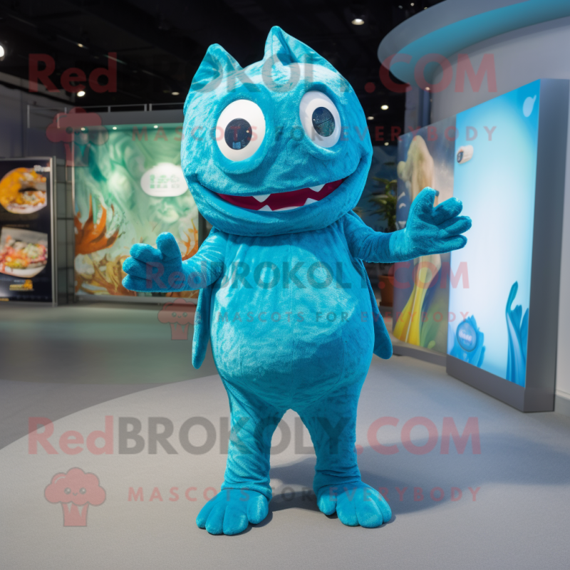 Turquoise Cod mascot costume character dressed with a Romper and Wraps Turquoise Cod mascot costume character dressed with a Romper and Wraps