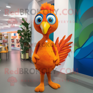 Orange Peacock mascot costume character dressed with a Jeggings and Foot pads