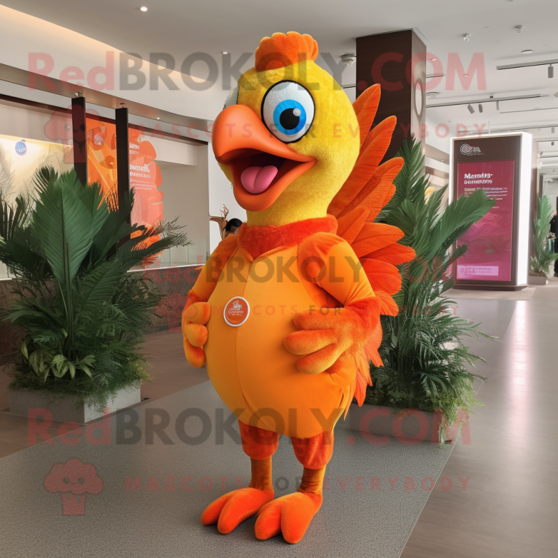 Orange Peacock mascot costume character dressed with a Jeggings and Foot pads