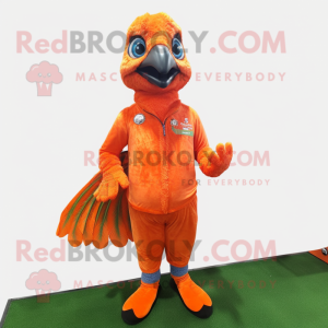 Orange Peacock mascot costume character dressed with a Jeggings and Foot pads