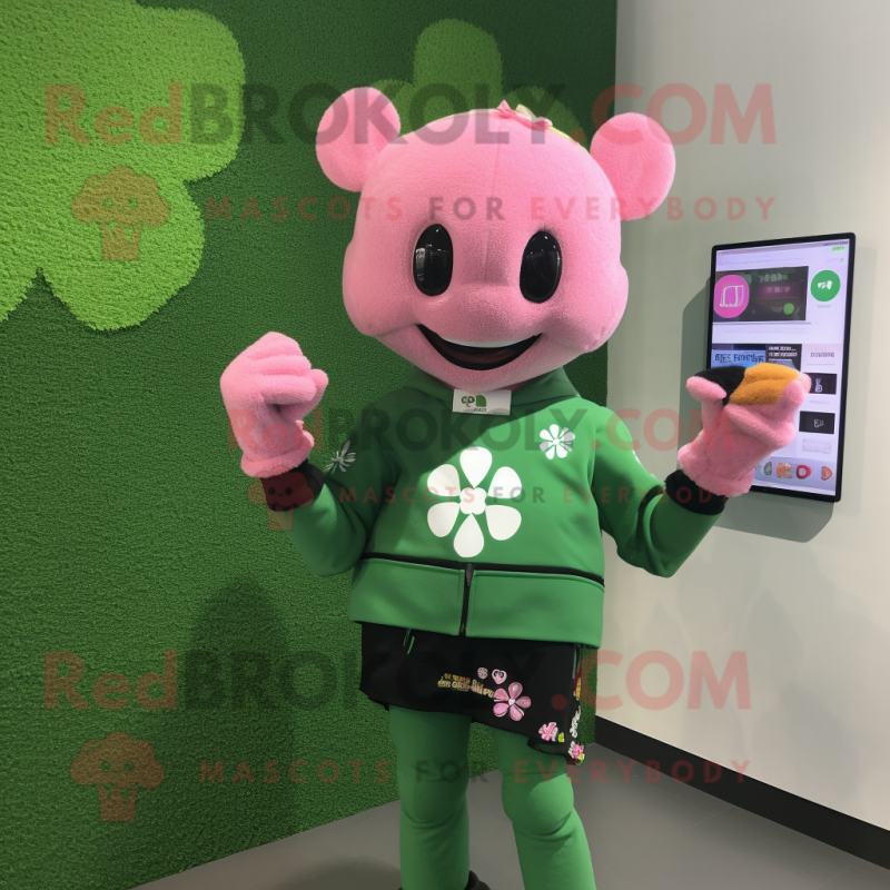 Pink Bunch Of Shamrocks mascot costume character dressed with a Long Sleeve Tee and Smartwatches Pink Bunch Of Shamrocks mascot costume character dressed with a Long Sleeve Tee and Smartwatches