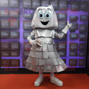 Silver Chocolate Bars mascot costume character dressed with a A-Line Skirt and Shoe clips