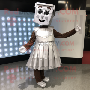 Silver Chocolate Bars mascot costume character dressed with a A-Line Skirt and Shoe clips