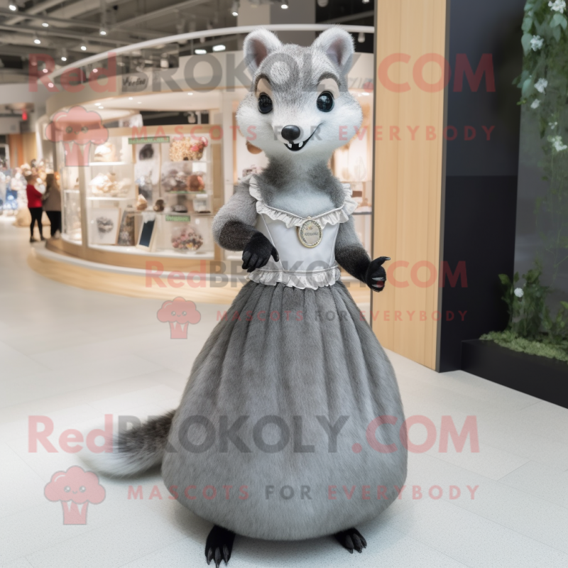 Gray Marten mascot costume character dressed with a Ball Gown and Hairpins Gray Marten mascot costume character dressed with a Ball Gown and Hairpins