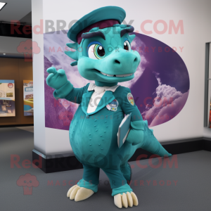 Teal Dragon mascot costume character dressed with a Skirt and Berets