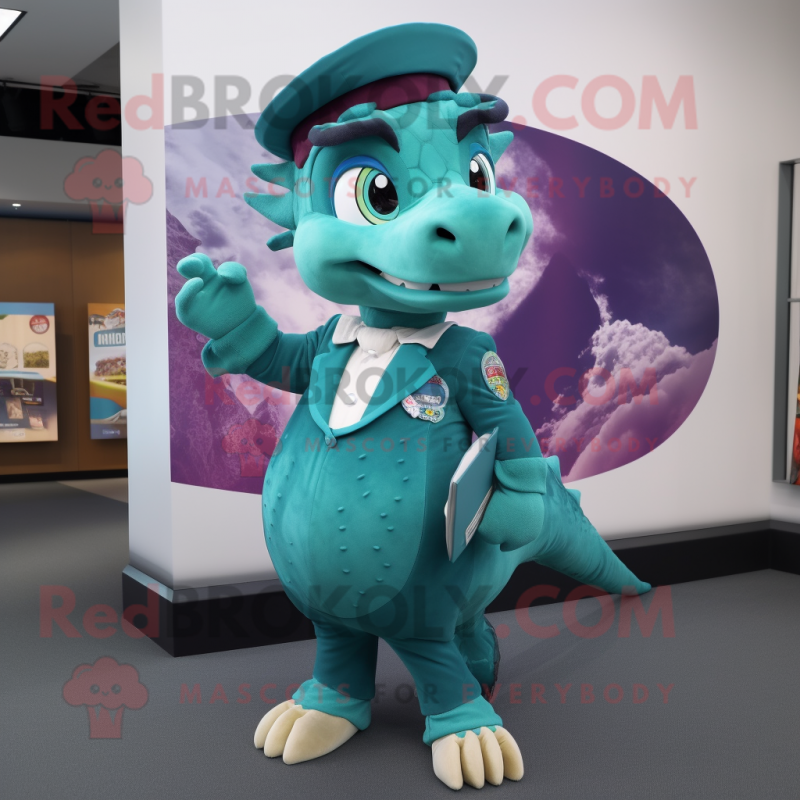 Teal Dragon mascot costume character dressed with a Skirt and Berets Teal Dragon mascot costume character dressed with a Skirt and Berets