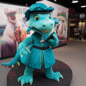 Teal Dragon mascot costume character dressed with a Skirt and Berets