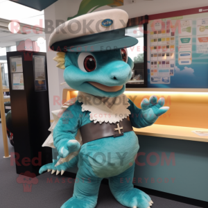 Teal Dragon mascot costume character dressed with a Skirt and Berets