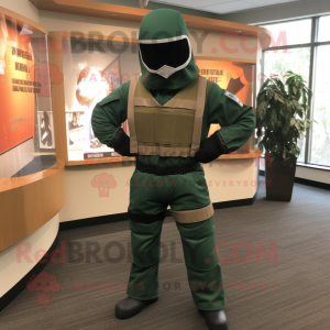 Forest Green Gi Joe mascot costume character dressed with a Hoodie and Cummerbunds