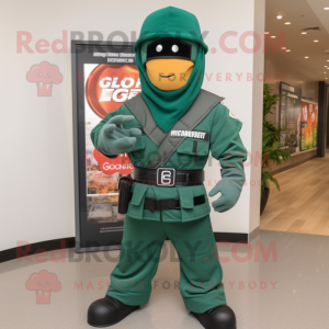 Forest Green Gi Joe mascot costume character dressed with a Hoodie and Cummerbunds