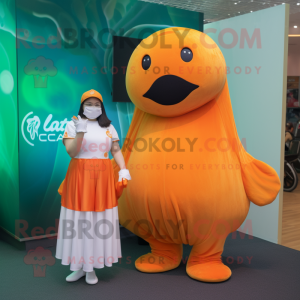 Orange Stellar'S Sea Cow mascot costume character dressed with a Pleated Skirt and Smartwatches