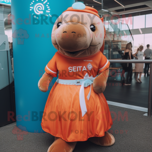 Orange Stellar'S Sea Cow mascot costume character dressed with a Pleated Skirt and Smartwatches