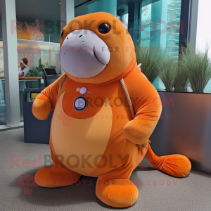 Orange Stellar'S Sea Cow mascot costume character dressed with a Pleated Skirt and Smartwatches