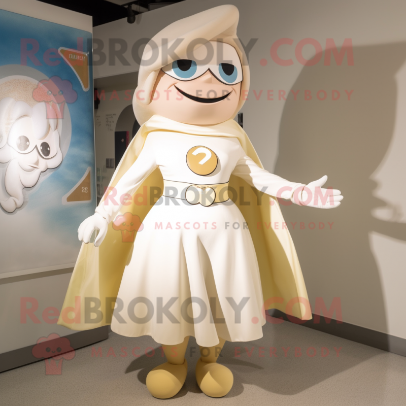 Cream Superhero mascot costume character dressed with a A-Line Skirt and Berets Cream Superhero mascot costume character dressed with a A-Line Skirt and Berets