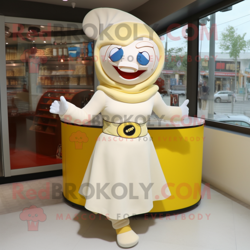 Cream Superhero mascot costume character dressed with a A-Line Skirt and Berets Cream Superhero mascot costume character dressed with a A-Line Skirt and Berets