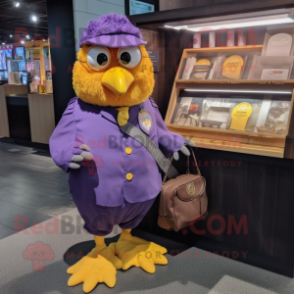 Purple Canary mascot costume character dressed with a Oxford Shirt and Coin purses