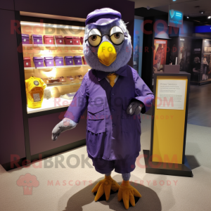 Purple Canary mascot costume character dressed with a Oxford Shirt and Coin purses