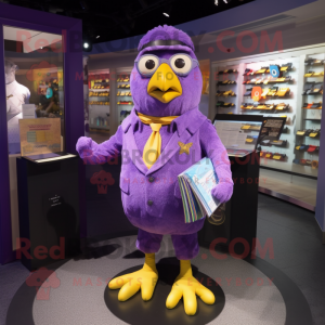 Purple Canary mascot costume character dressed with a Oxford Shirt and Coin purses