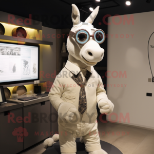 Cream Donkey mascot costume character dressed with a Waistcoat and Eyeglasses