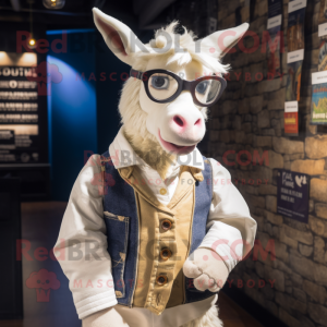 Cream Donkey mascot costume character dressed with a Waistcoat and Eyeglasses