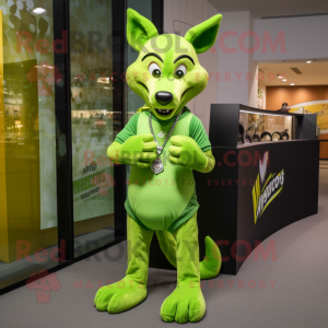 Lime Green Dingo mascot costume character dressed with a V-Neck Tee and Bracelet watches