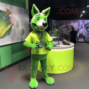 Lime Green Dingo mascot costume character dressed with a V-Neck Tee and Bracelet watches