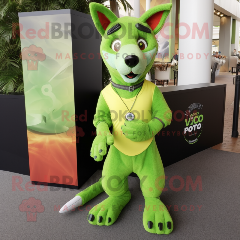 Lime Green Dingo mascot costume character dressed with a V-Neck Tee and Bracelet watches