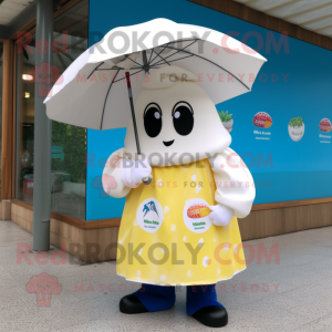 Cream Paella mascot costume character dressed with a Raincoat and Keychains