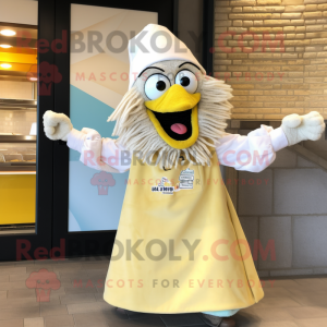 Cream Paella mascot costume character dressed with a Raincoat and Keychains