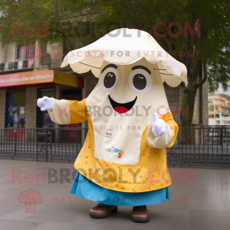 Cream Paella mascot costume character dressed with a Raincoat and Keychains Cream Paella mascot costume character dressed with a Raincoat and Keychains