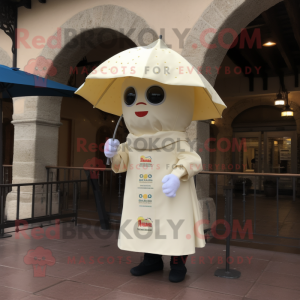 Cream Paella mascot costume character dressed with a Raincoat and Keychains