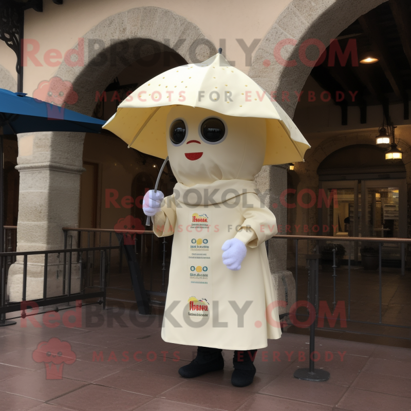 Cream Paella mascot costume character dressed with a Raincoat and Keychains Cream Paella mascot costume character dressed with a Raincoat and Keychains