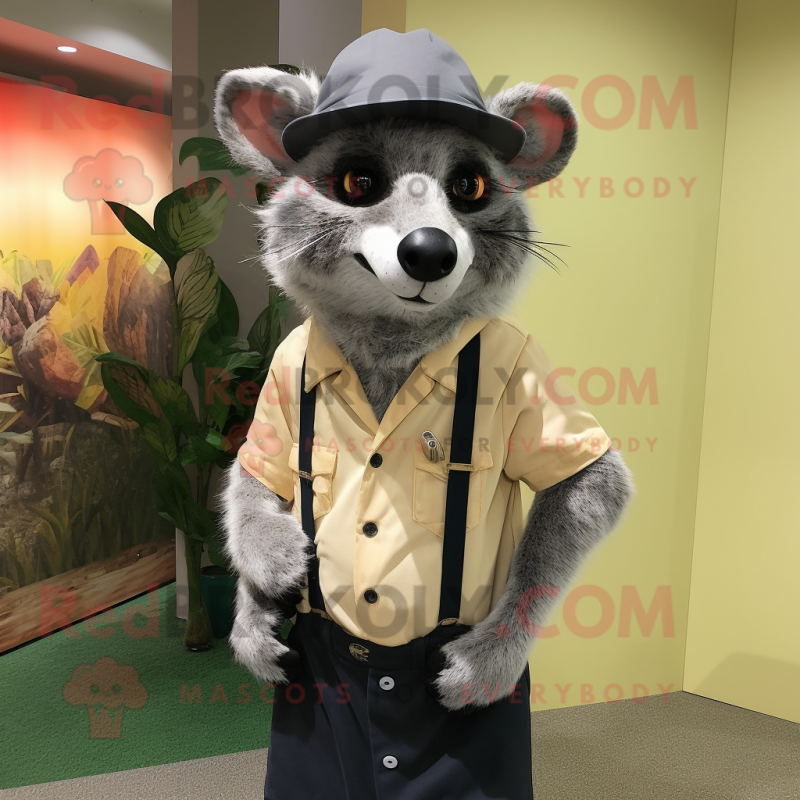 Gray Civet mascot costume character dressed with a Dress Shirt and Hats