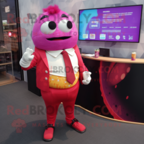 Magenta Sushi mascot costume character dressed with a Suit Pants and Smartwatches