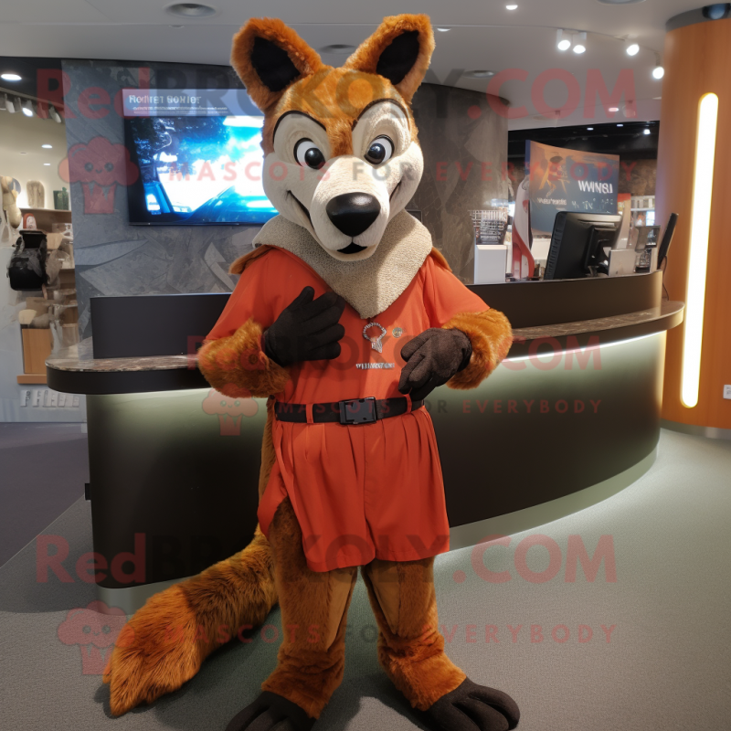 Rust Dingo mascot costume character dressed with a Sheath Dress and Mittens