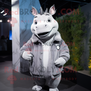 Gray Rhinoceros mascot costume character dressed with a Parka and Lapel pins