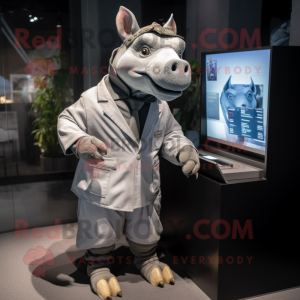 Gray Rhinoceros mascot costume character dressed with a Parka and Lapel pins