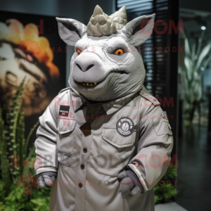 Gray Rhinoceros mascot costume character dressed with a Parka and Lapel pins