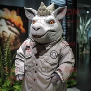 Gray Rhinoceros mascot costume character dressed with a Parka and Lapel pins